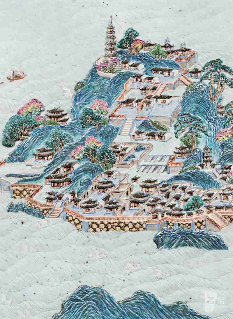 清乾隆 雕瓷洋彩“金山寺”图墨彩御制诗文插屏 - 图2